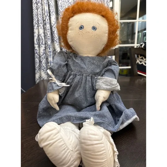 Handmade Cloth Rag Doll Red Hair Blue‎ Eyes Blue Floral Prairie Dress 23 Inch