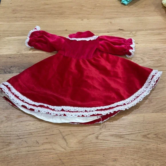 Vtg 1990s Baby Red Velvet Doll Dress White Lace Trim Holiday Christmas Snap Back