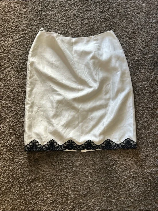 Cachet White Midi Pencil Skirt with Black Lace Hem