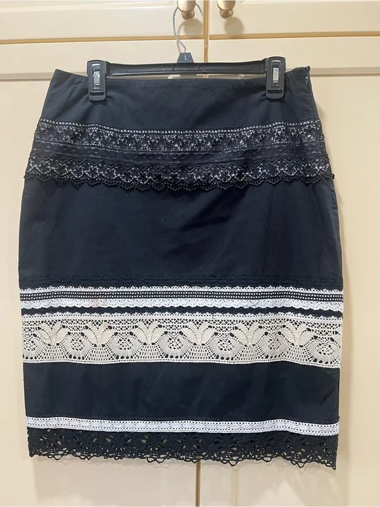 Black Pencil Skirt with White Crochet Banding