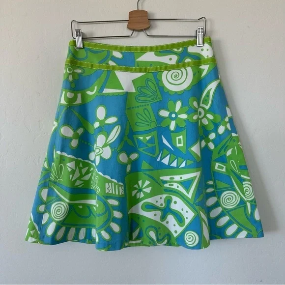 Skirtin Around Blue & Green Abstract Floral Above The Knee Cotton Skirt Size 10