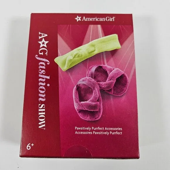American Girl Pawsitively Purrfect Accessories Pink Slippers Green Headband Set‎