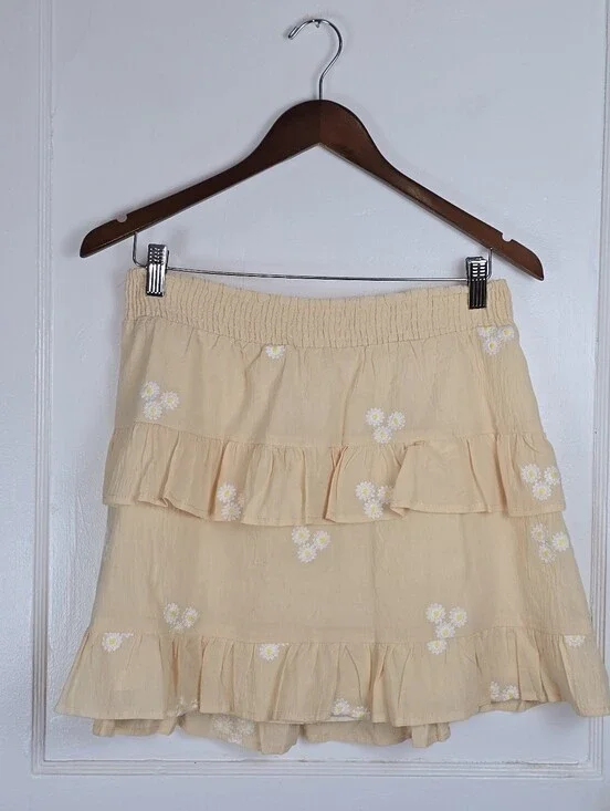 Les Lis Yellow Cotton Tiered Ruffle Embroidered Coquette Mini Skirt L