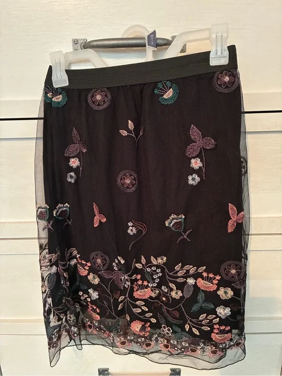 Elena Baldi Black Floral Embroidered Mesh Skirt