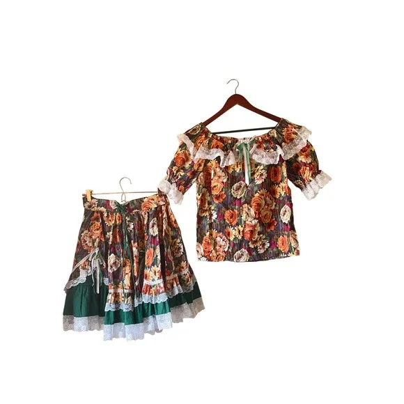 Vintage Floral Cottagecore Two Piece Set Lace Trim Skirt and Top size large