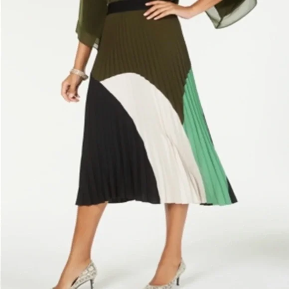 Women's Color Block Pleated Midi Skirt Size Medium Womens Skirt office‎ mature