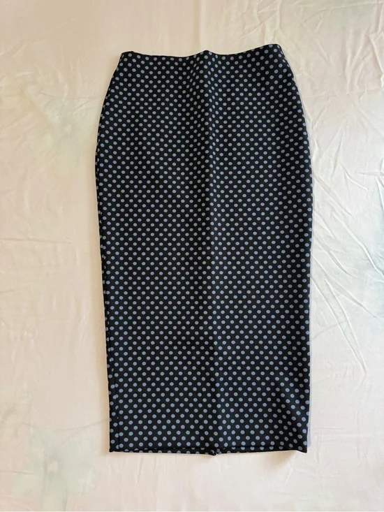 F&F Black Stretchy Midi Pencil Skirt with Light Blue Polka Dots Size S