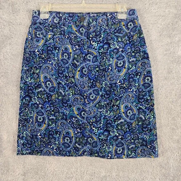 Talbots Petites Blue Paisley Corduroy Mini Skirt Womens 2P Cotton Blend
