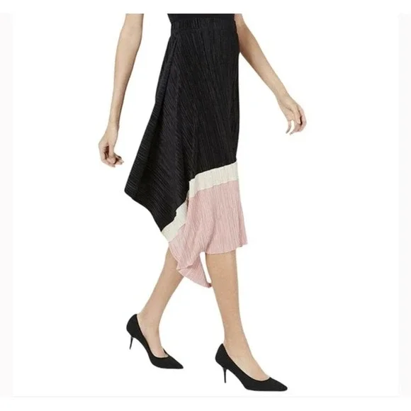 Alfani Petite large Black Pink White Pleated Asymmetrical Midi Skirt‎