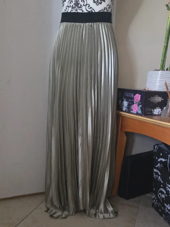 Pleated Asymmetric  Metallic Olive Maxi Skirt with Black Waistband