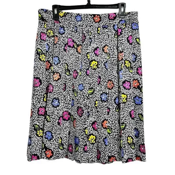 Vintage Pleated Skirt Abstract Floral Black White Print Knee Length sz 14 Large