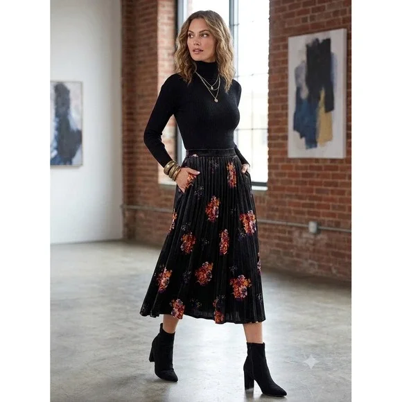 Anthropologie Maeve pleated velvet floral midi skirt Size S boho black