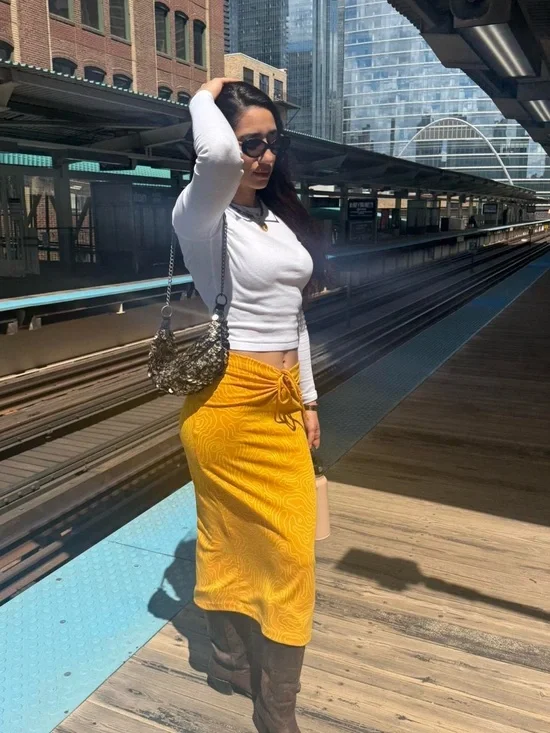 Zara Mustard Yellow Drawcord Midi Skirt