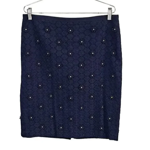 Talbots Navy Blue flower lace beaded pencil skirt size 10