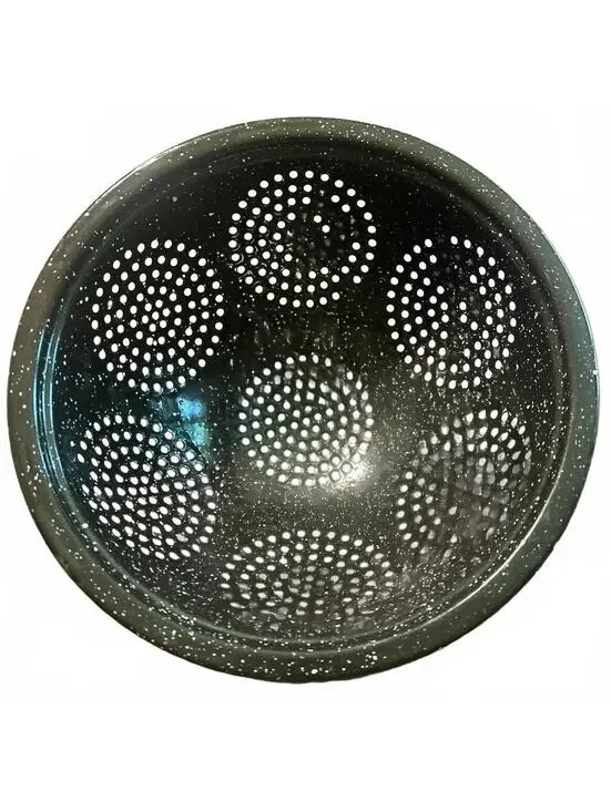 Vintage Black Speckled Metal Colander with Handles
