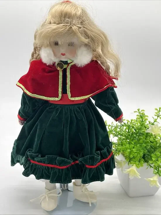 Vintage Porcelain Christmas Doll – Green Dress, Red Cape, Holiday Décor (Blonde)