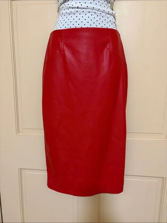 Red Faux Leather Pencil Skirt - Women