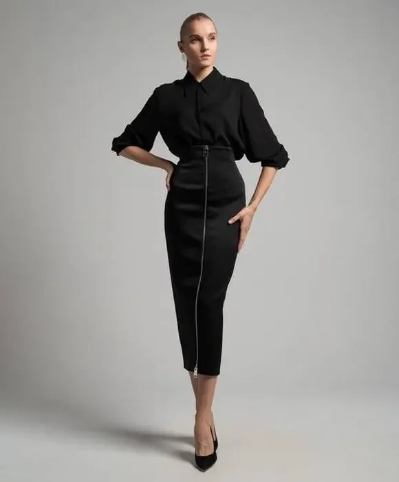 Khaite Ruddy Pencil Zip Front Midi Skirt in Black 2