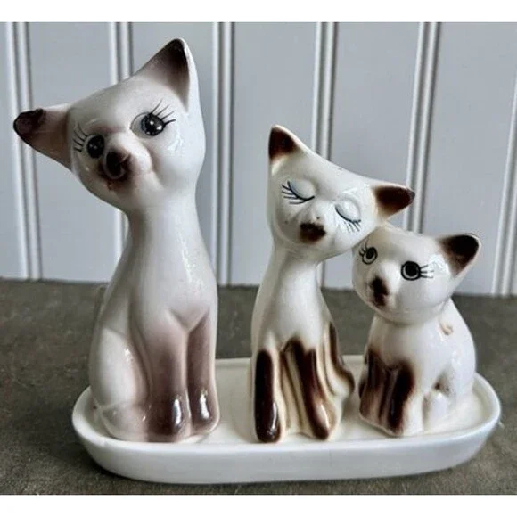 Vintage 1960s Siamese Cat Salt, Pepper & Toothpick Holder With Tray