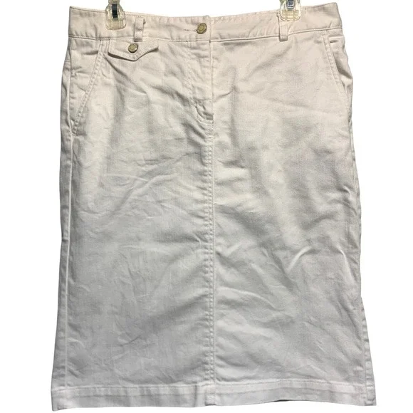 Talbots Denim Pencil Skirt 10 White Cotton Midi Preppy Coastal Classic Crisp