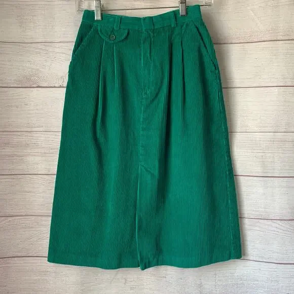Vintage Langtry Sport Teal Green Corduroy Pencil Skirt Front Slit Size 5/6