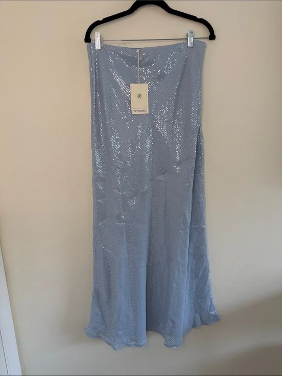 Peppermayo NWT Algorithm Sequin Maxi Skirt Light Blue Low Rise Party Size US 8