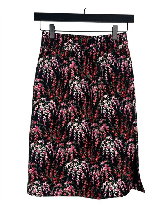 J Crew Floral Midi Skirt Womens XSP Black Pink Pull On Petite Casual