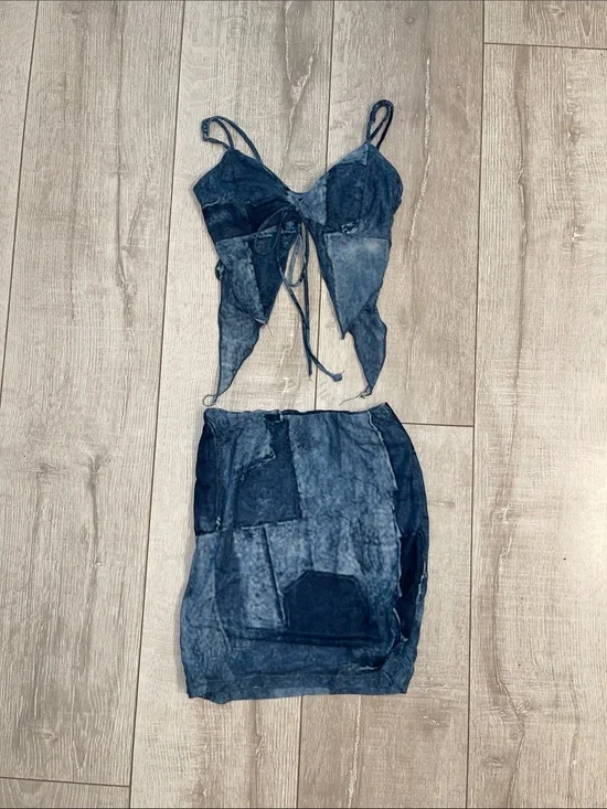 Blue denim Pattern Mini Skirt/Crop Set - XS- never worn!