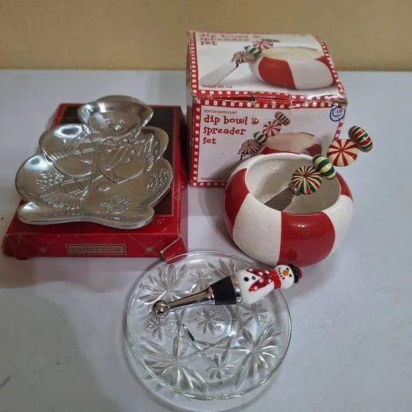 Vintage Christmas Kitchen‎ Lot Candy Dish Dip Bowl Spreader Bottle Stopper