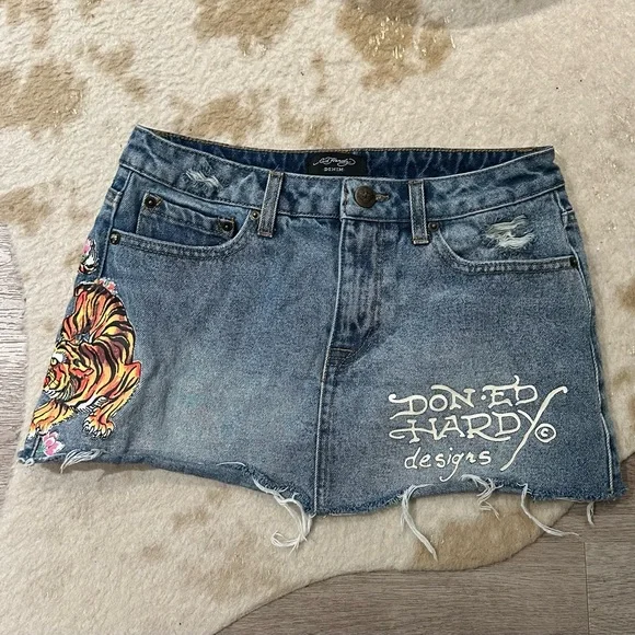 Ed Hardy Blue Denim Skirt with Black Label