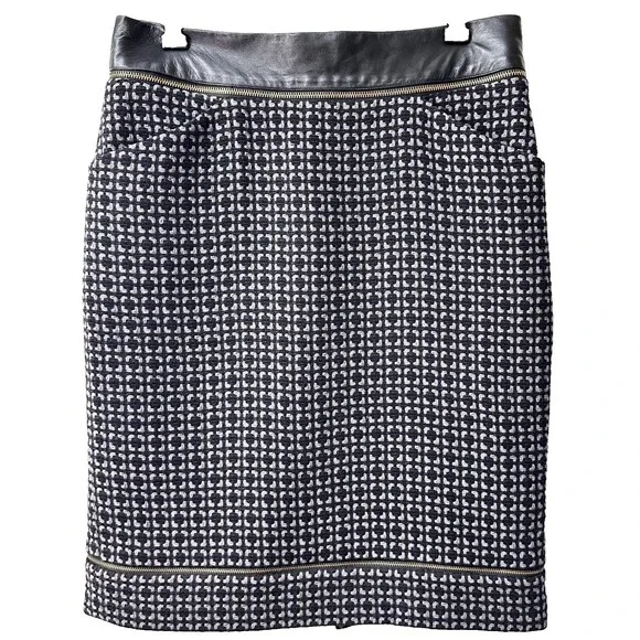 Etcetera Women's Gray Black Tweed Leather Trim Below Knee Pencil Skirt Sz M