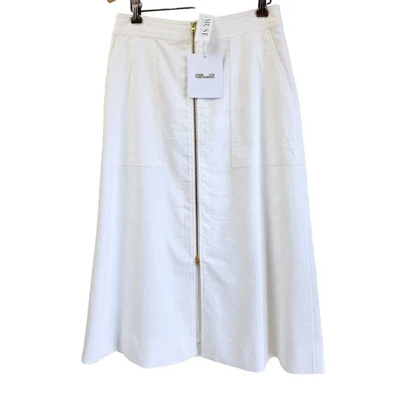 NWT Diane von Furstenberg Ivory Zip Front A-Line Midi Skirt Linen Cotton Sz 6