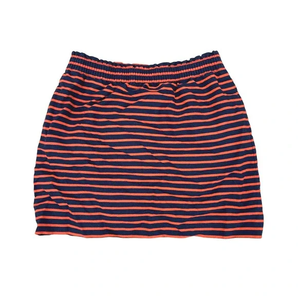 J. Crew Linen Blend Striped Mini Skirt Elastic Waist Casual Lined Orange Blue 10