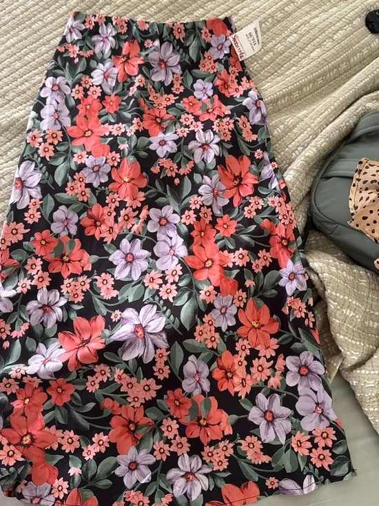 Floral Midi Skirt in Black with Coral & Lavender Flowers