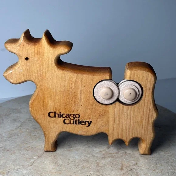 Chicago Cutlery Knife Sharpener Brown Vintage Wooden Cow Ceramic Wheels VTG