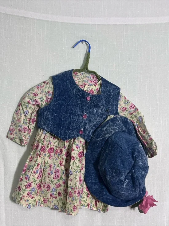 Handmade Doll Dress Outfit Set Floral Denim Dress Hat & Flower