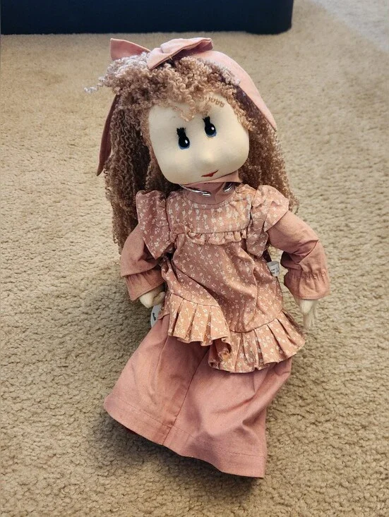 Made In Thailand 100% Cotton Doll Curly Brown Hair Pink Dress Bow Blue‎ Eyes 15
