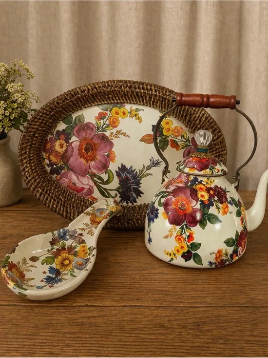 Floral Ceramic Teapot and 11x8 Serving Tray and spoon rest bundle!!!!