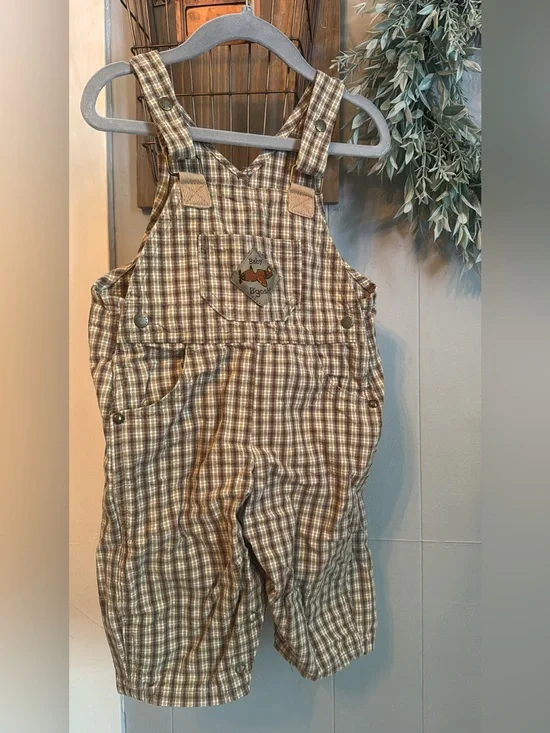 Vintage Baby B'gosh Brown Plaid Airplane Overalls