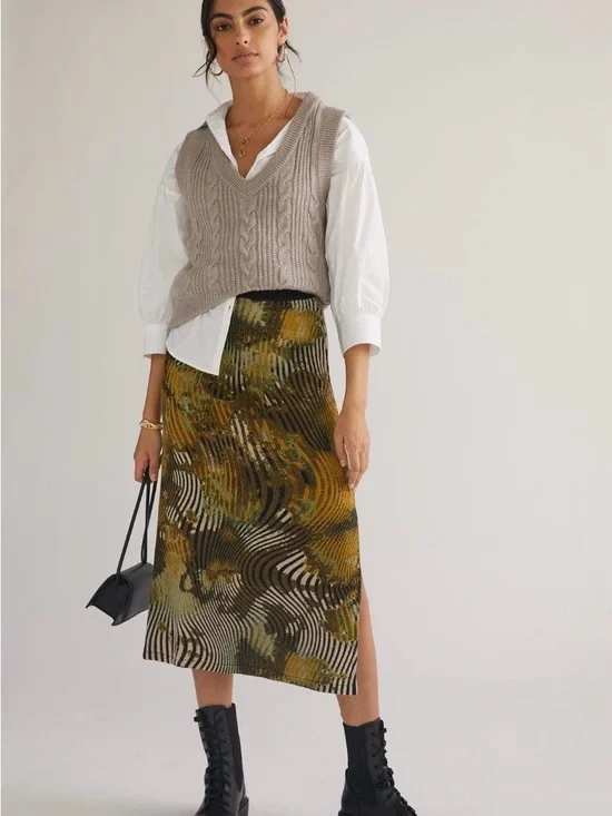 Anthropologie Wild Knit Midi Skirt, Olive & Black Abstract Pattern