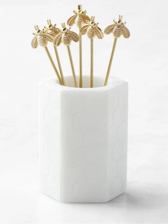 Williams Sonoma Marble & Brass Bee Cocktail Picks with White Holder
