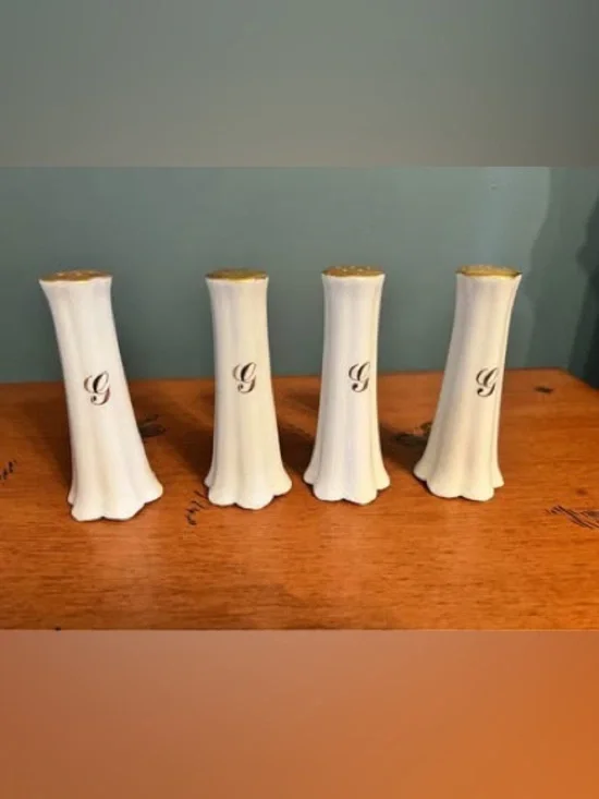 Vintage White Ceramic Salt Pepper Shakers Gold Trim and Script 'G' - Set of 4