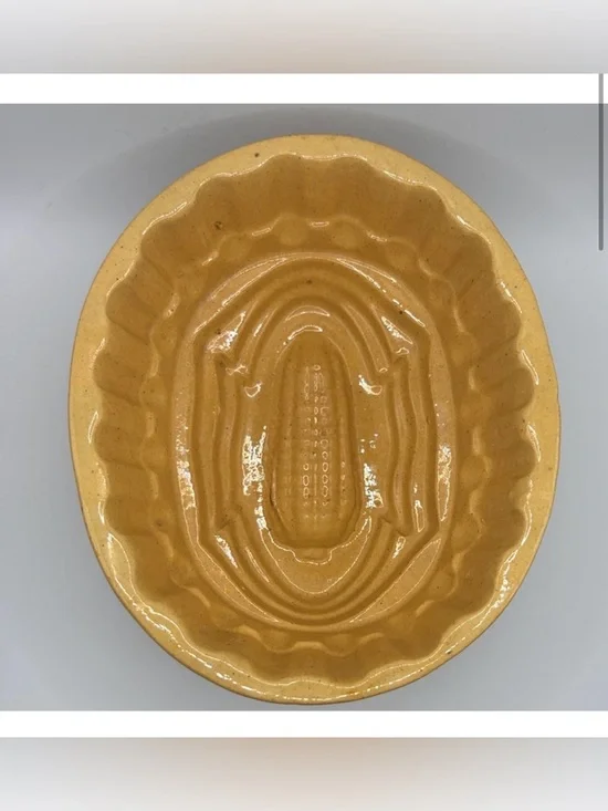 Antique Yellowware Pottery Corn Design Pudding Food Mold Farmhouse Butter Mold