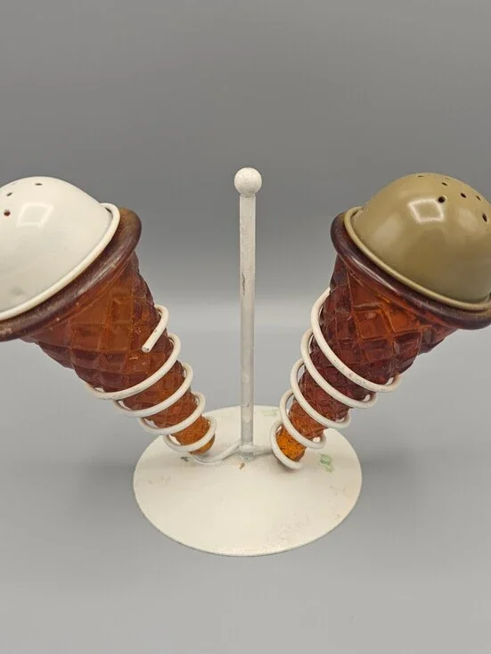 Vintage Ice Cream Cone Shaped Salt and Pepper Shakers with Stand