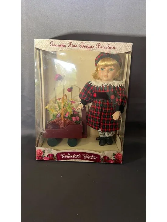 Genuine Fine Bisque Porcelain Doll W/ Flowers & Wagon New