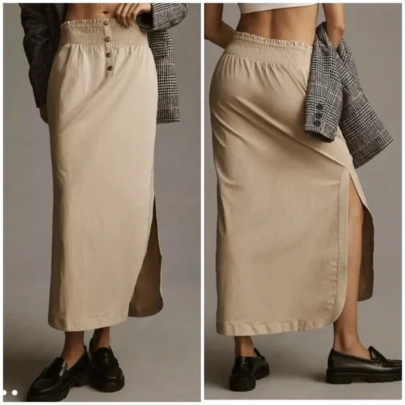By Anthropologie Smocked Skirt Tan Maxi Midi Pull On Khaki Side Slit Pocket XL