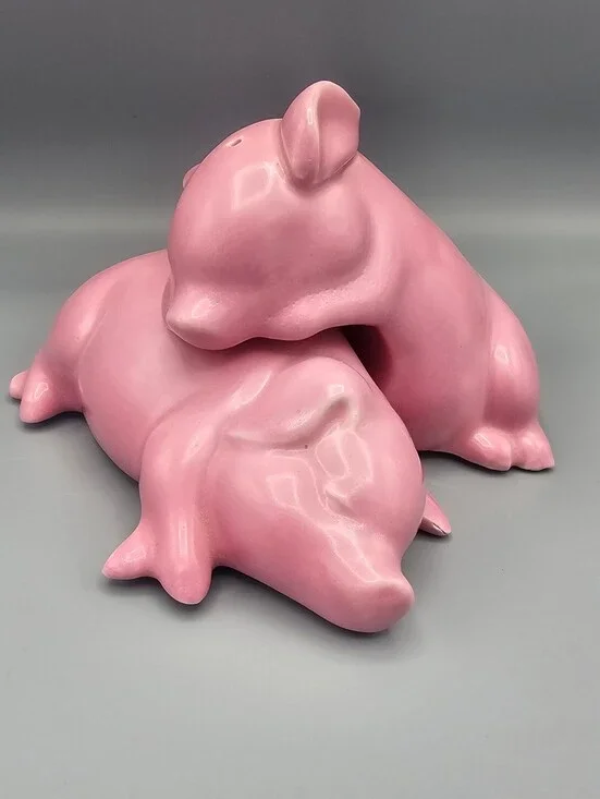 Vintage Pink Ceramic Pig Salt and Pepper Shakers Set