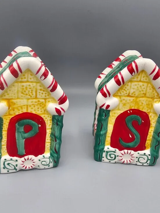Ceramic Christmas Themed Salt and Pepper Shakers - House Design with P and S