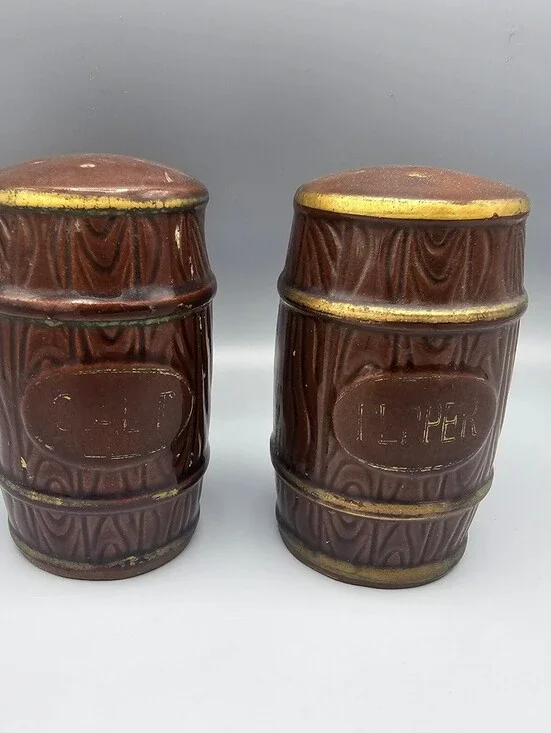 Vintage Ceramic Salt and Pepper Shakers Brown Barrel Design
