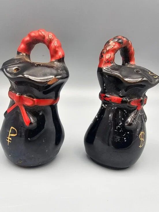 Vintage Black Ceramic Money Bag Salt and Pepper Shakers with Red Handles